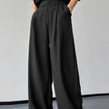 Black men's vertical striped pleated casual trousers showing elastic fabric and rabbit hair bamboo fibre materials