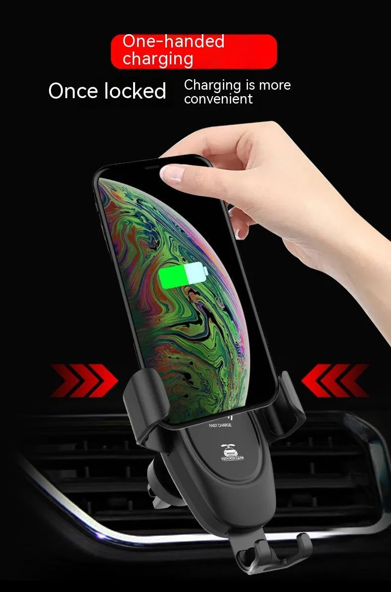 D12 Black 10W micro car wireless charger with air outlet clip, Type-C socket and ABS body, 9.8cm x 4.6cm x 11cm
