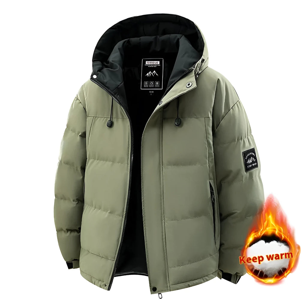 Men's hooded padded coat in black, loose fit, polyester fibre filler, 50cm length, sizes M to 3XL