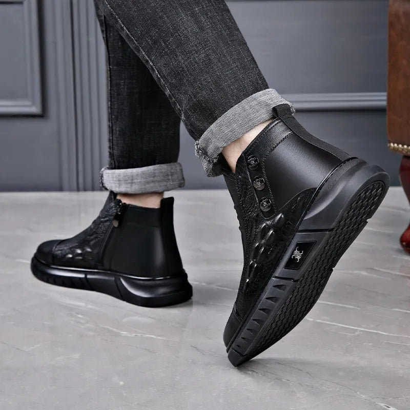 Men's genuine leather worker boots in black with round toe, warm lining, and non-slip sole
