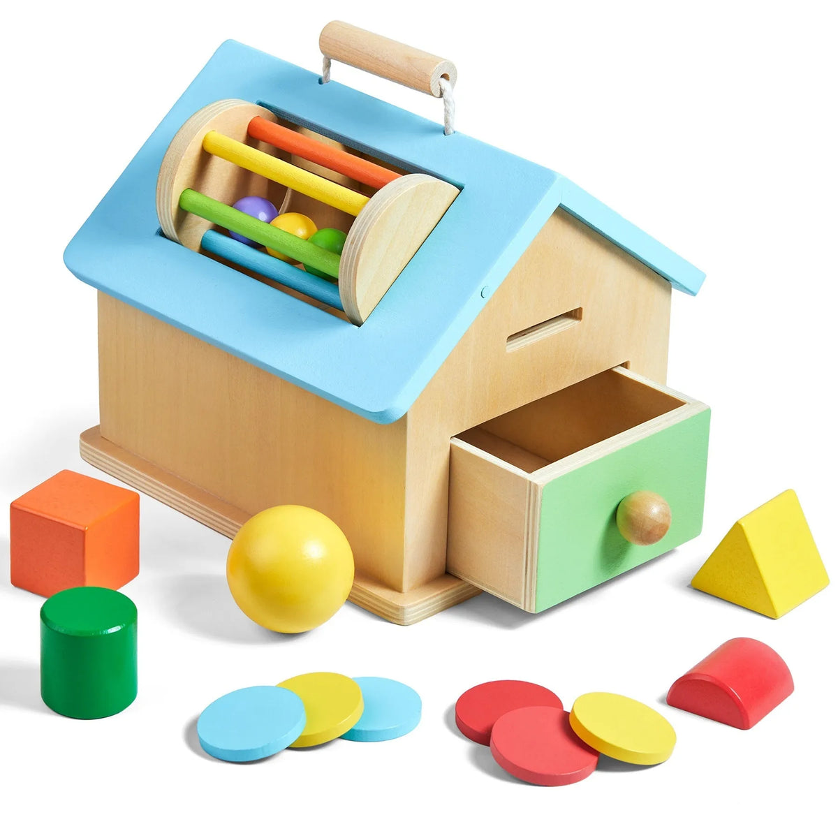 Wooden Montessori cottage educational puzzle toy set for children aged 4-6 in a colour box.