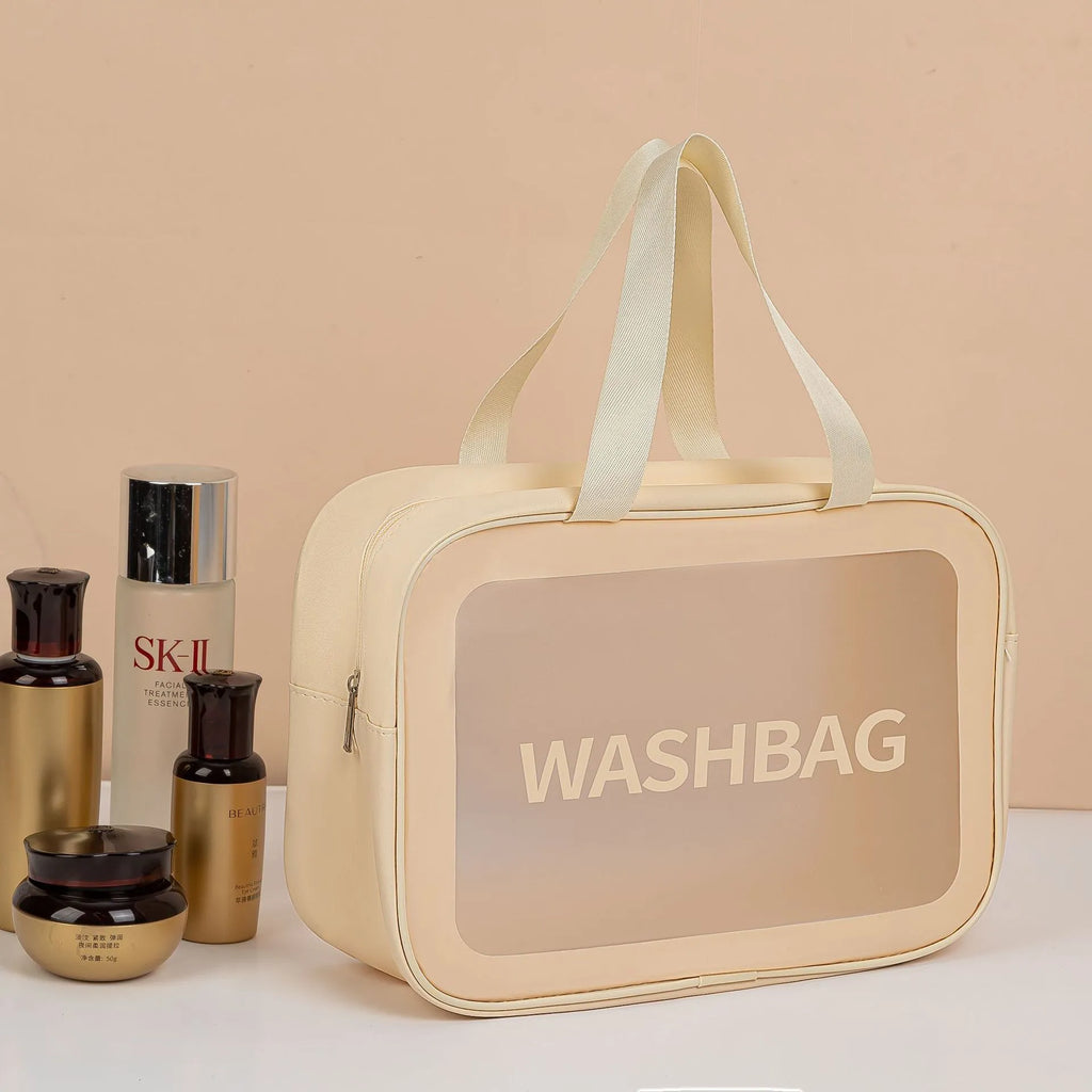 Large PVC transparent cosmetic bag set three pieces in beige, black, blue, pink, and white