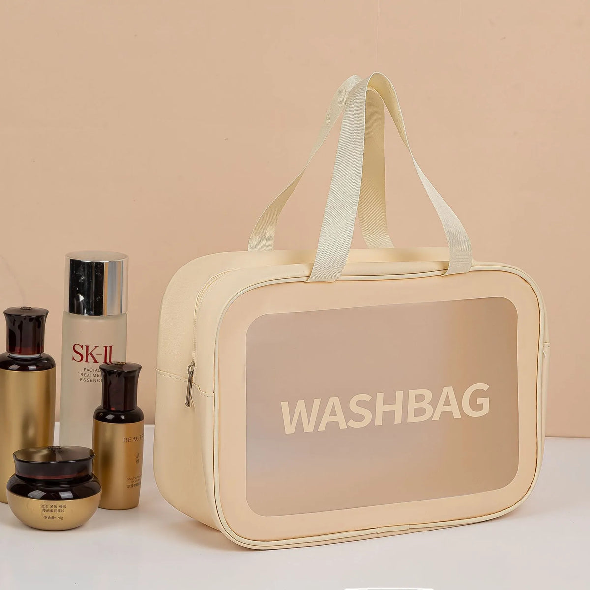 Large PVC transparent cosmetic bag set three pieces in beige, black, blue, pink, and white