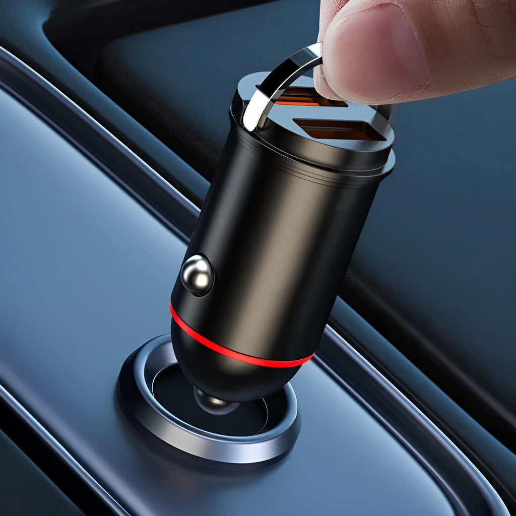 Black zinc alloy car charger with 200W super fast charging capability and compact 38mm design