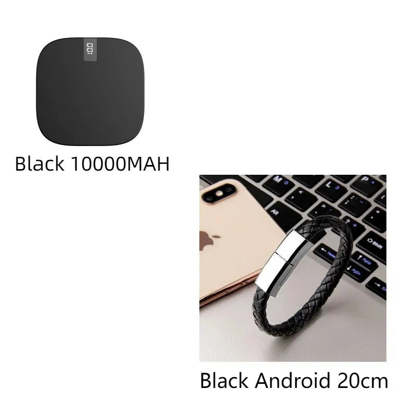 10000 mAh mini power bank with digital display in black, compact portable charger with two USB ports