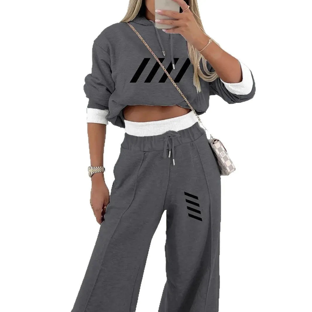 Women's hooded sweatshirt and pants set in light gray or dark gray, polyester, sizes S to XXL, casual Korean style.