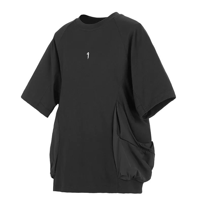 Men's loose cotton T-shirt with big pocket and short sleeves in black colour