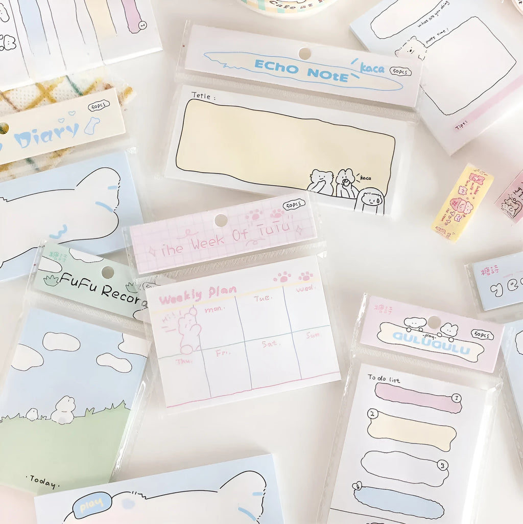 Cartoon sticky notes with heart-shaped collage design in six style options showing different sizes