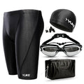 Men's black polyester swimming set with anti-fog goggles, waterproof cap, ear plugs, and swim bag