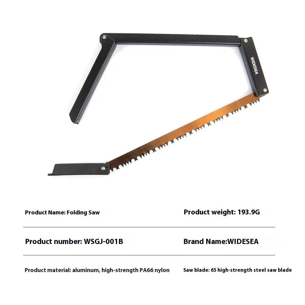 Black outdoor folding saw with aluminium and PA66 nylon handle and No. 65 Gao Meng hacksaw blade