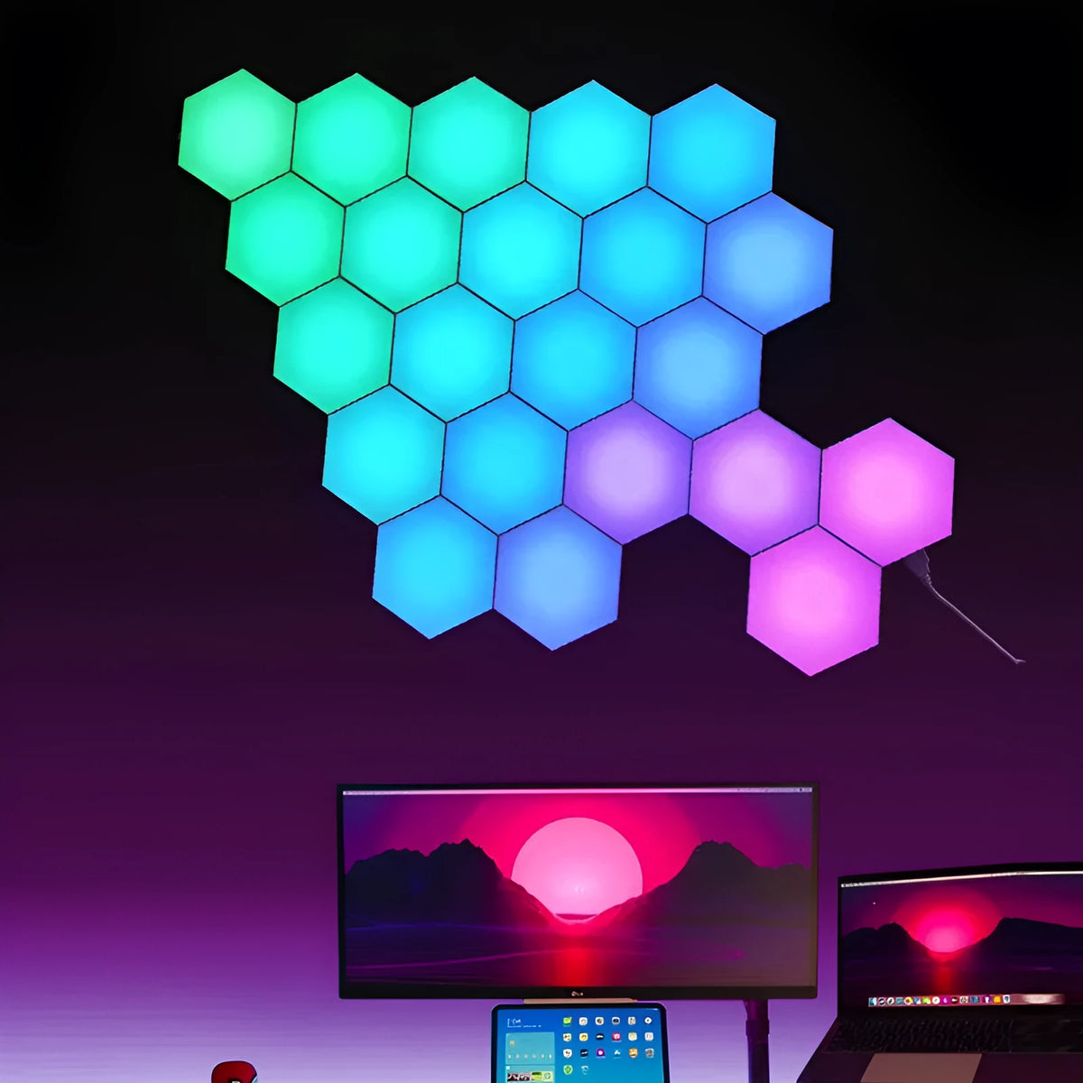 Hexagonal LED wall light with colour-changing quantum panels, remote control, and PVC construction