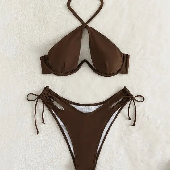 Brown women's halter bikini swimsuit with briefs on a white background