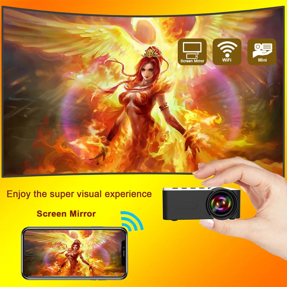 Black mini portable projector with USB power, wireless screen mirroring, 101x78x40mm body, and 165g weight