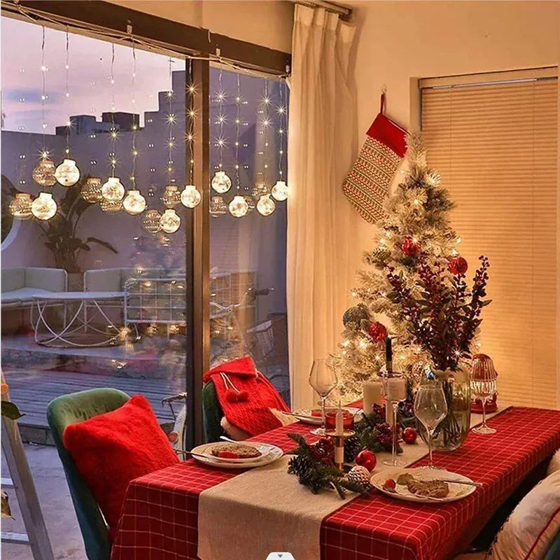 LED Christmas curtain lamp with 10 fairy ball lights featuring snowman and Christmas tree designs for window decoration