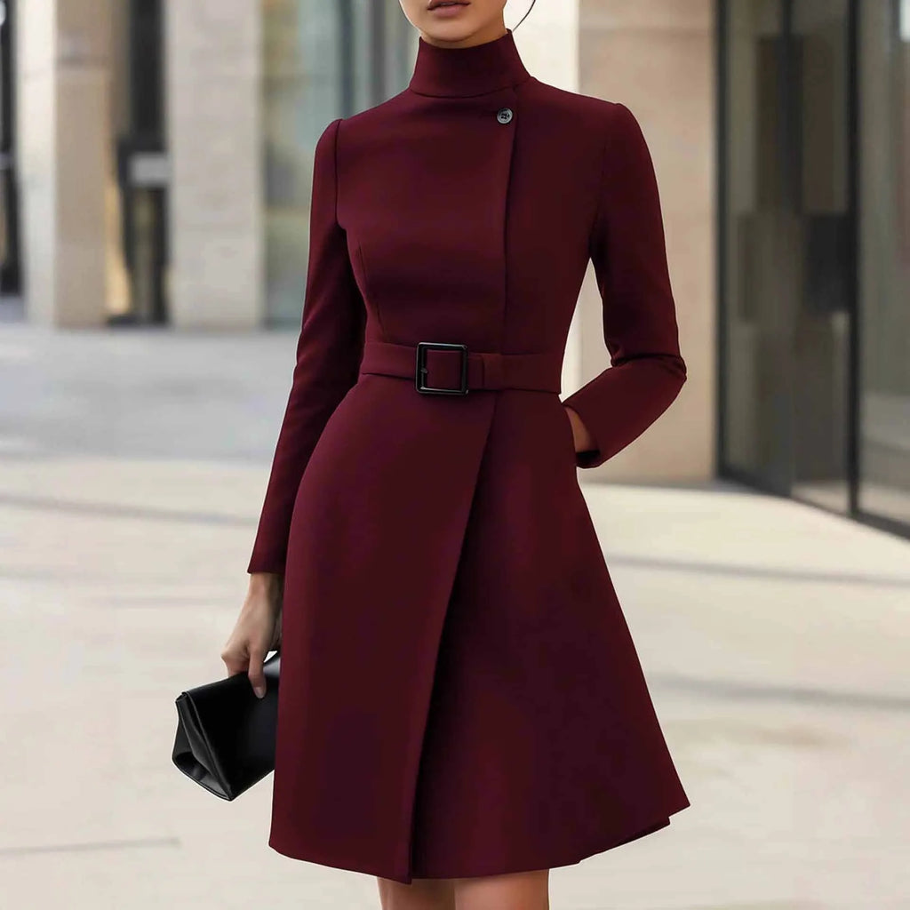 Women's bohemian style long sleeve dress with high waist and stand collar in black or wine red