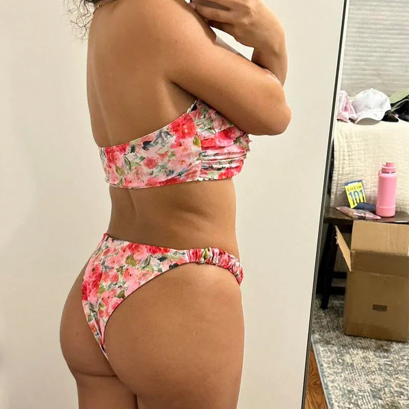 Floral print tube top and lace briefs bikini set in polyester fabric for swimming