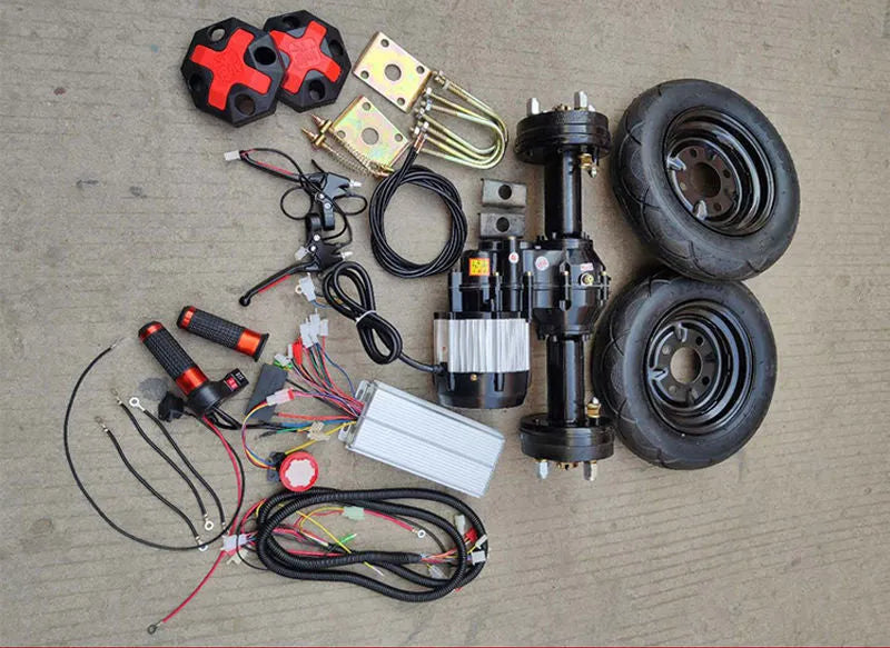 Low speed rear axle kit with motor, pneumatic tyres, and wiring for 48v electric trolley conversion