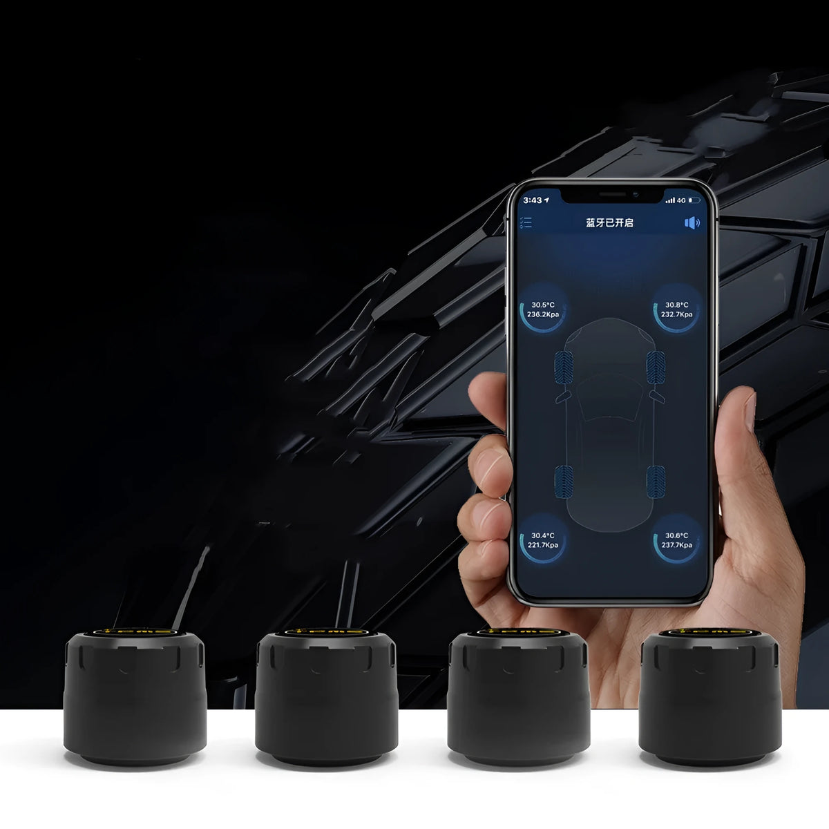 Bluetooth 5.0 automotive tyre pressure monitor kit with four black external sensors, a wrench, and anti-theft screws.
