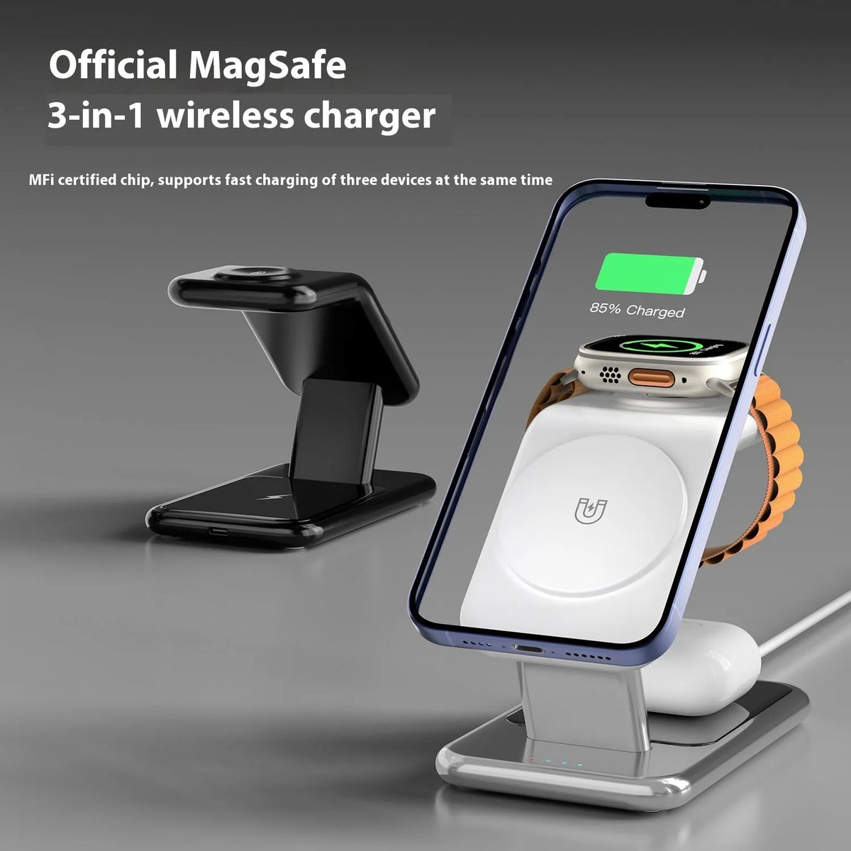 3-in-1 magnetic wireless charging bracket in black with phone, watch, and earbuds placed on charging pads