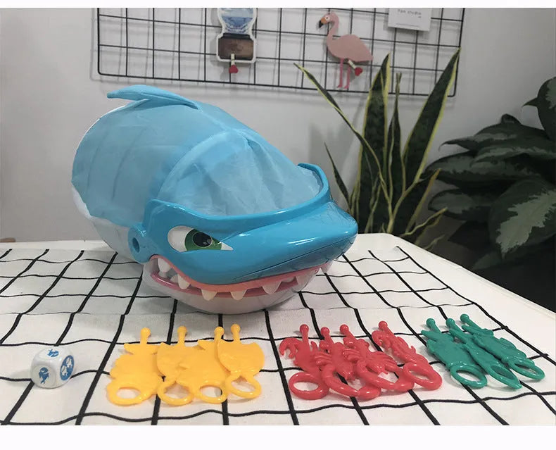 Great White Shark desktop interactive toy with fish pieces and dice, plastic, 26.5 x 26.5 x 9cm.
