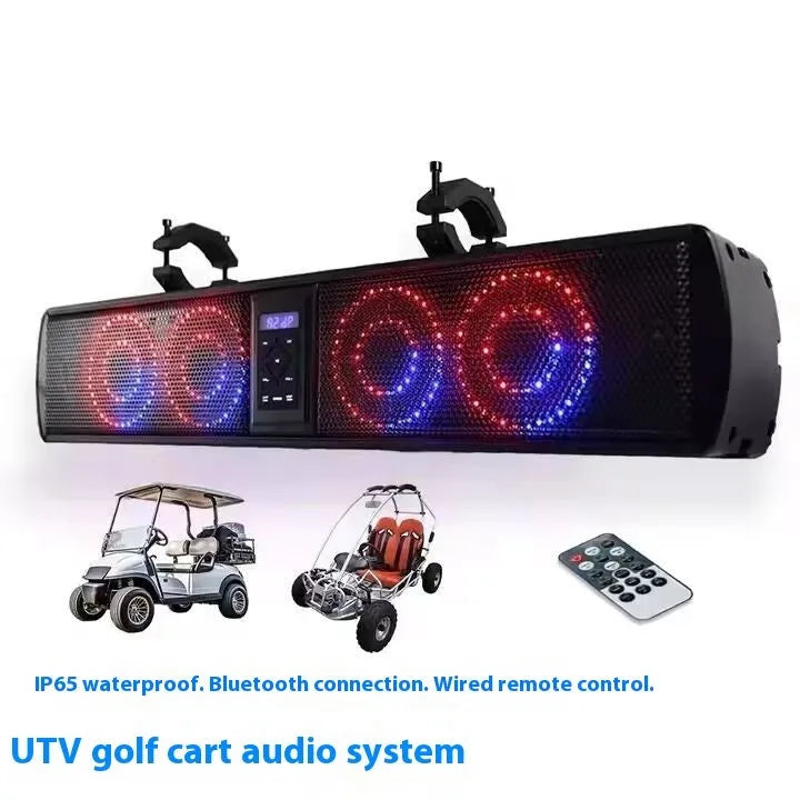 Personalised plastic Bluetooth speaker strip for mounting on a golf cart or ATV, showing speakers and connectivity ports.