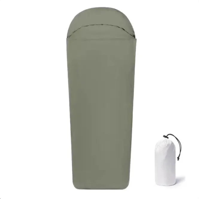 Blue nylon camping sleeping bag with mummy design shown uncompressed to 210cm length
