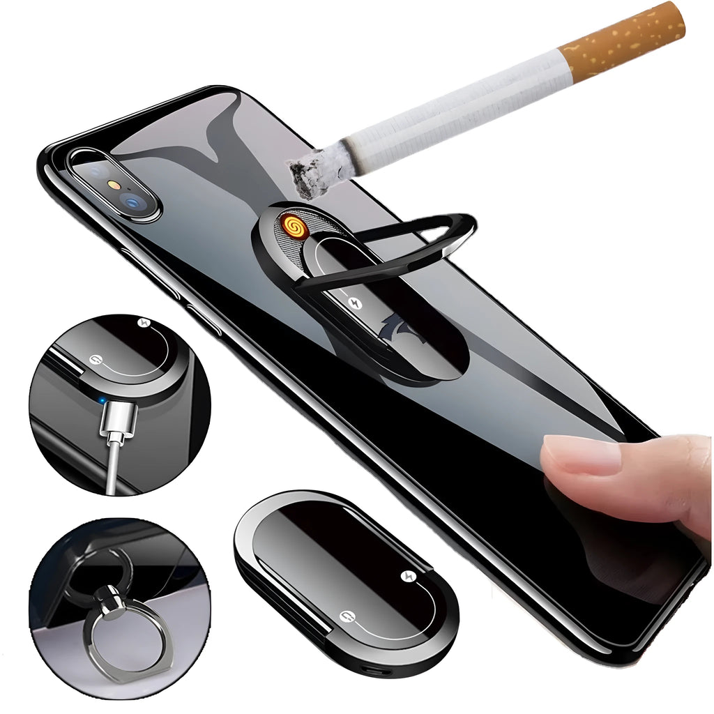 2 in 1 USB plasma lighter and phone holder in aluminium alloy, black ice, with ring buckle and 3M tape