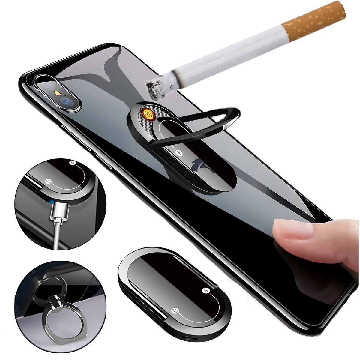 2 in 1 USB plasma lighter and phone holder in aluminium alloy, black ice, with ring buckle and 3M tape