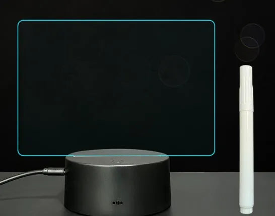 3D acrylic LED message board night light on a desk, showing illuminated surface and remote control