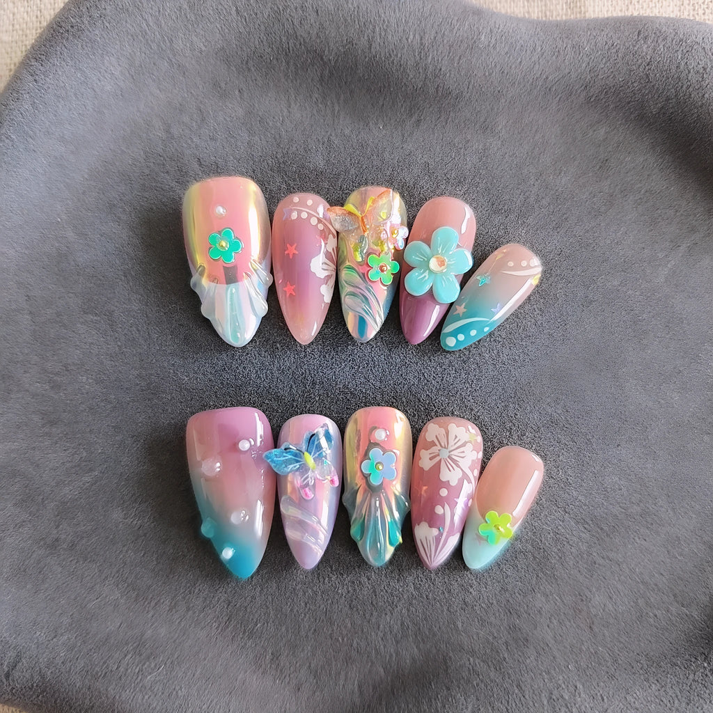 Handmade nail art set with small flower and butterfly charms, sculpting gel, in sizes XS S M L