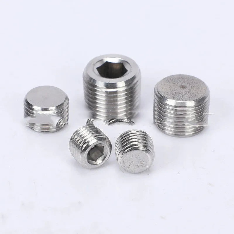 Stainless steel 304 hexagonal pipe plug with 3/8 thread for bulkhead fittings.