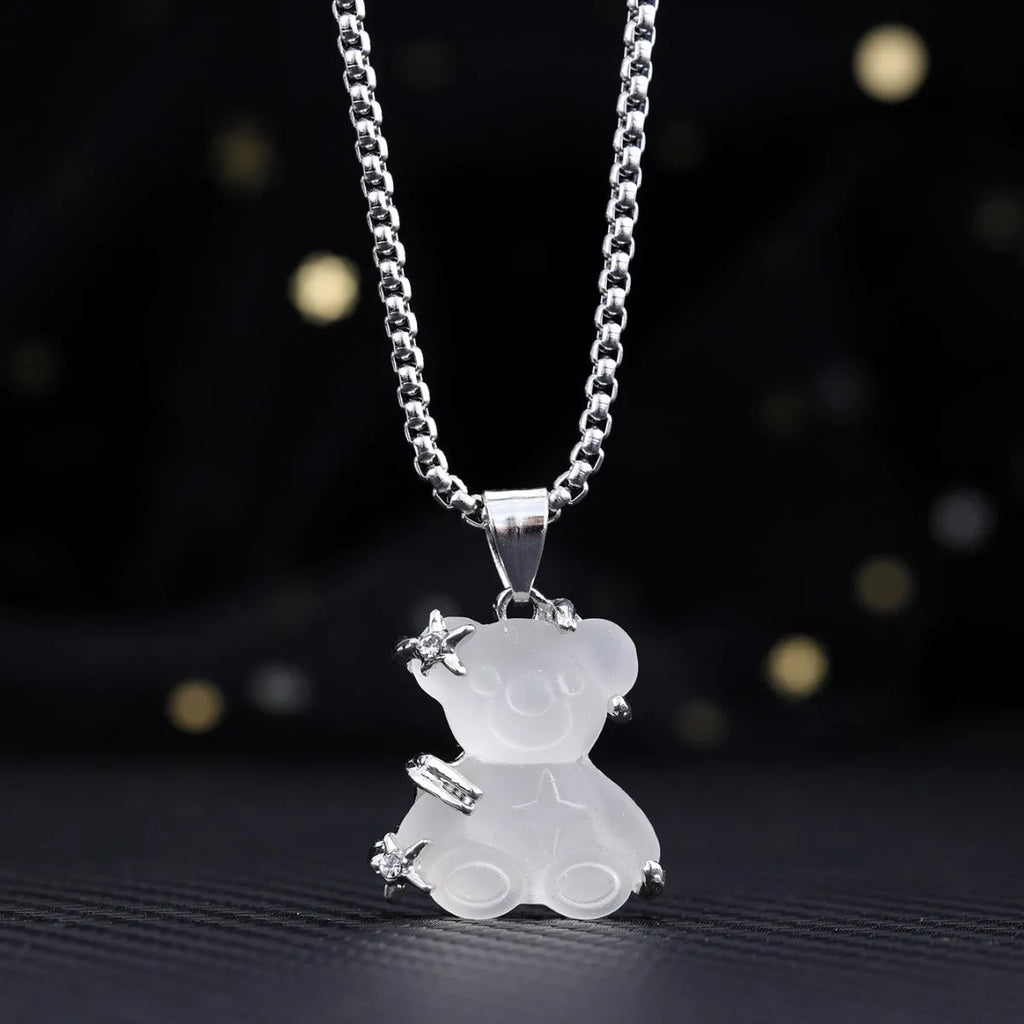 Little bear pendant necklace with white K-colour alloy charm and titanium steel lock chain for casual wear