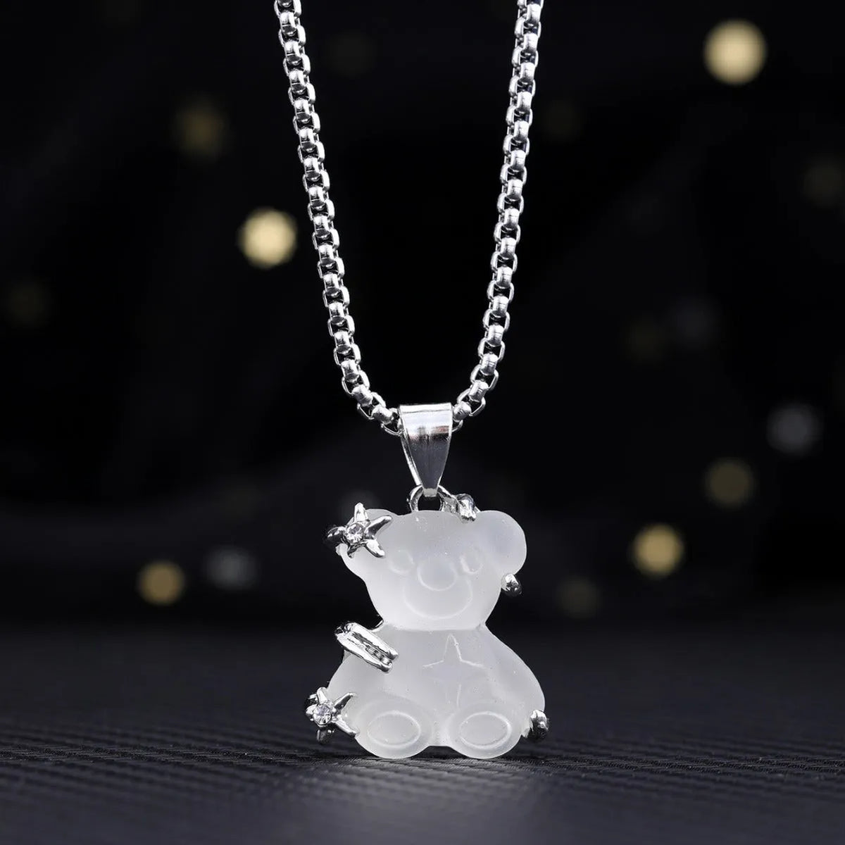 Little bear pendant necklace with white K-colour alloy charm and titanium steel lock chain for casual wear