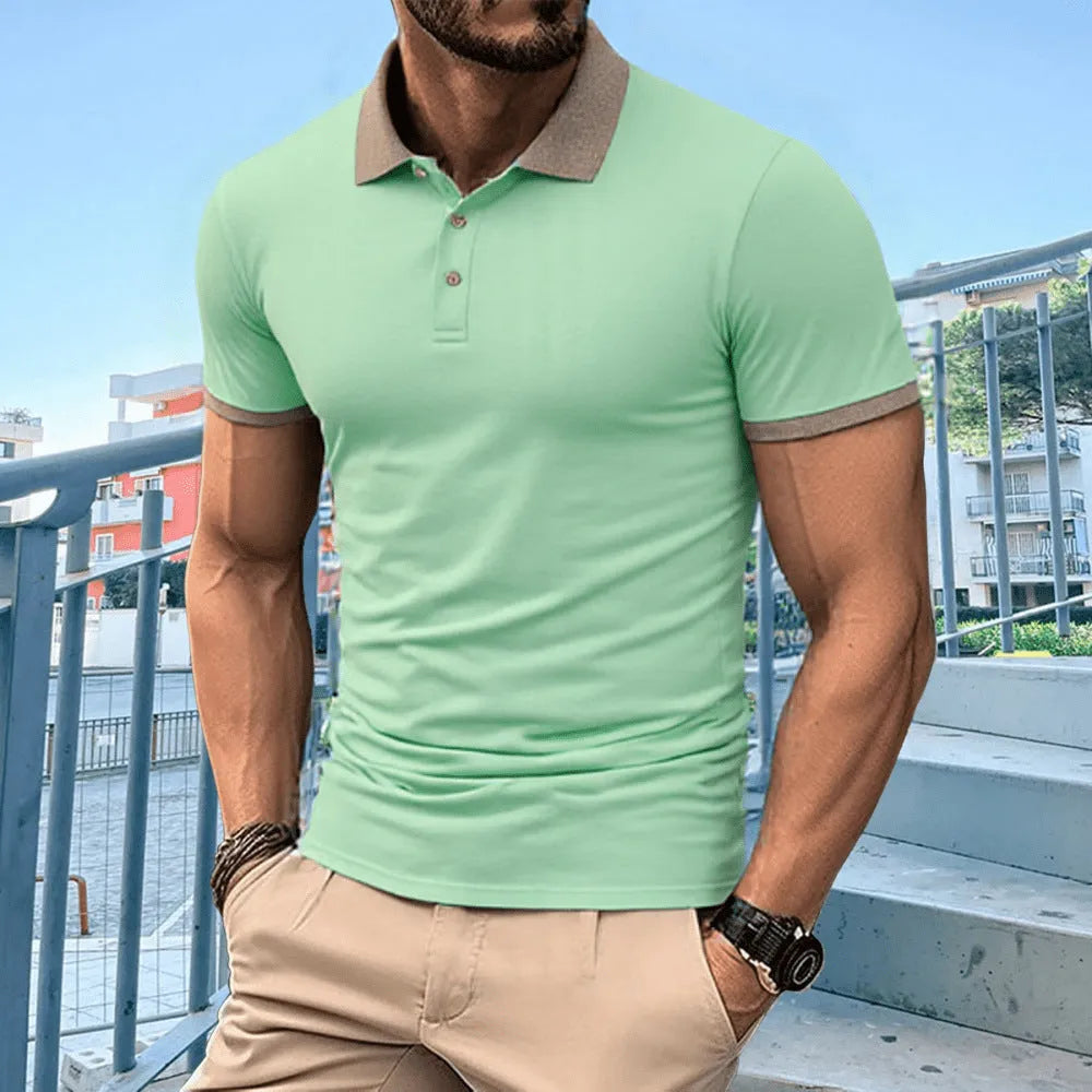 Summer polo shirt with ice silk fabric, short sleeves, lapel collar, and flocking print detail in six colours