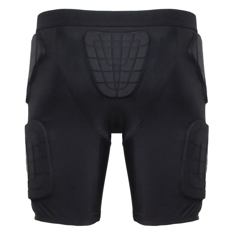 Black anti-collision sports pants for basketball and rugby, adult sizes M to 2XL, polyester spandex blend, waist protection.