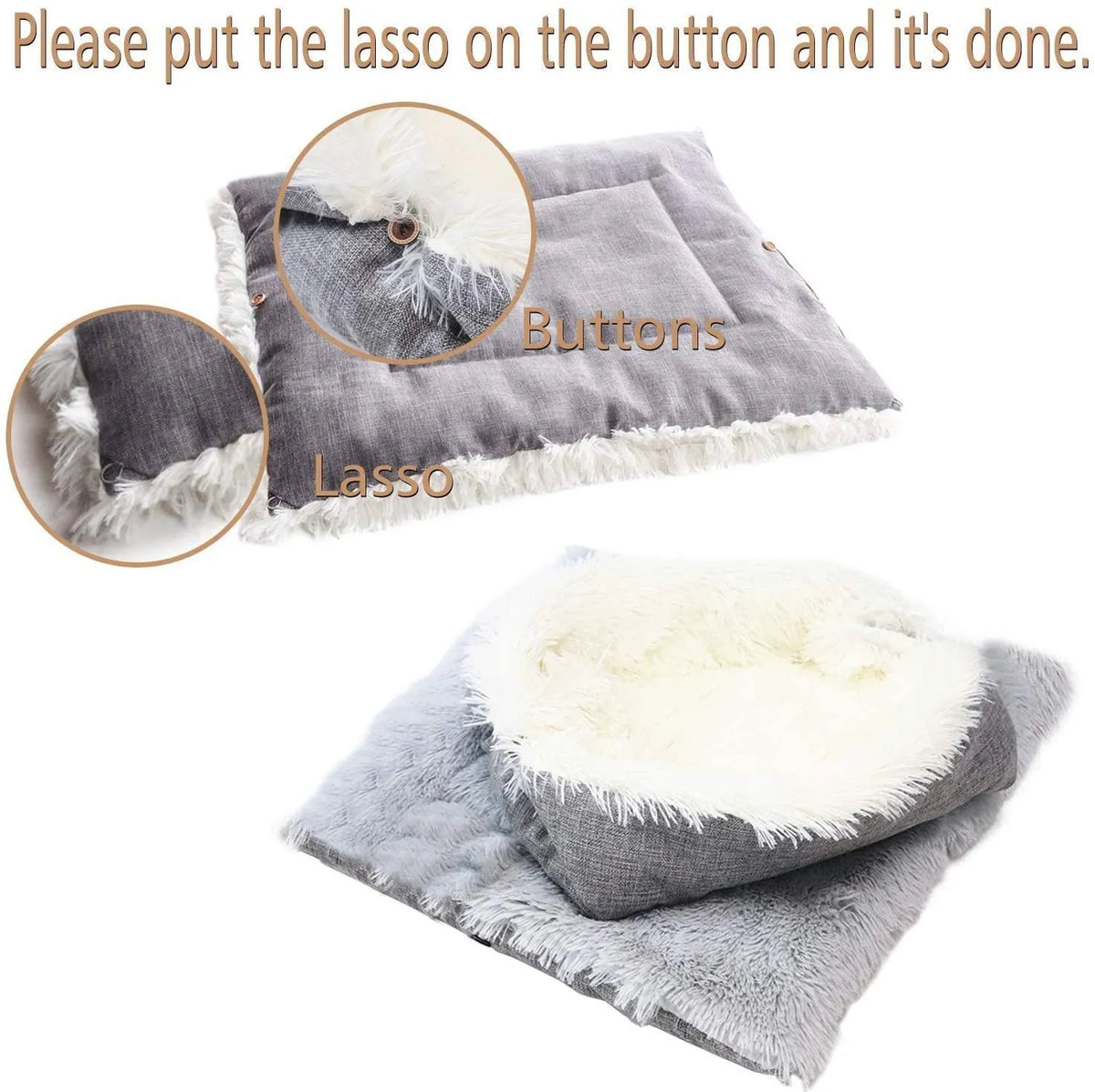 Grey pet blanket nest with fluffy surface and black non-slip base measuring 61cm by 51cm