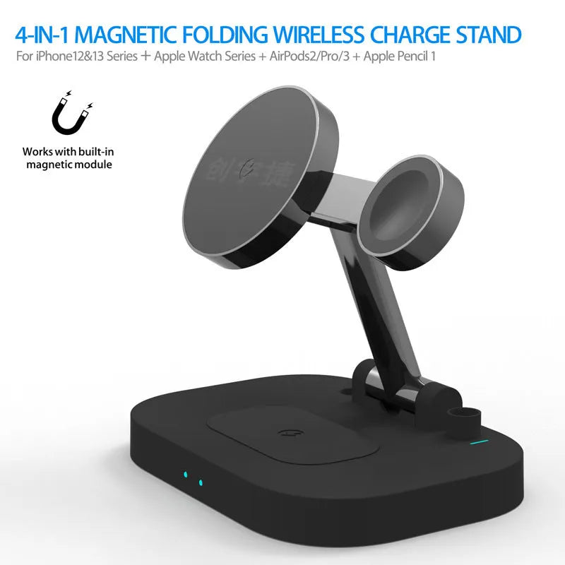 Folding wireless charger in black plastic with Type-C cable, set on a desk