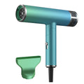 Green foldable hair dryer with collapsed handle beside extended purple model showing compact storage size