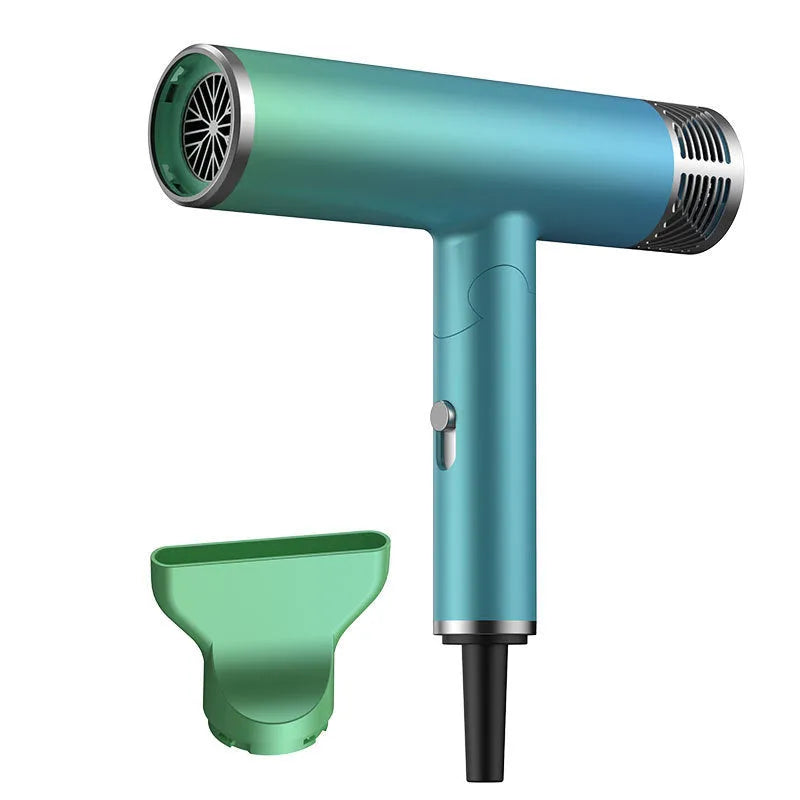 Green foldable hair dryer with collapsed handle beside extended purple model showing compact storage size