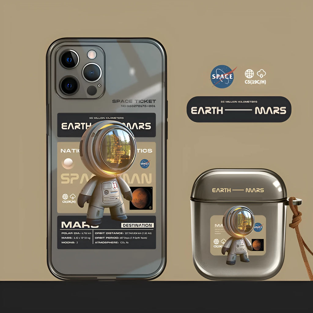 Black soft TPU iPhone case with Mars ticket graphic design, showing front and back views.