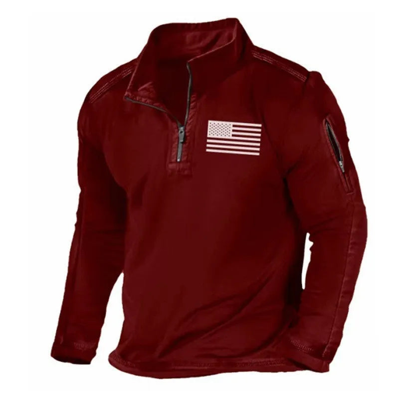 Men's grey zip-up stand collar long-sleeved sports sweater on a hanger.