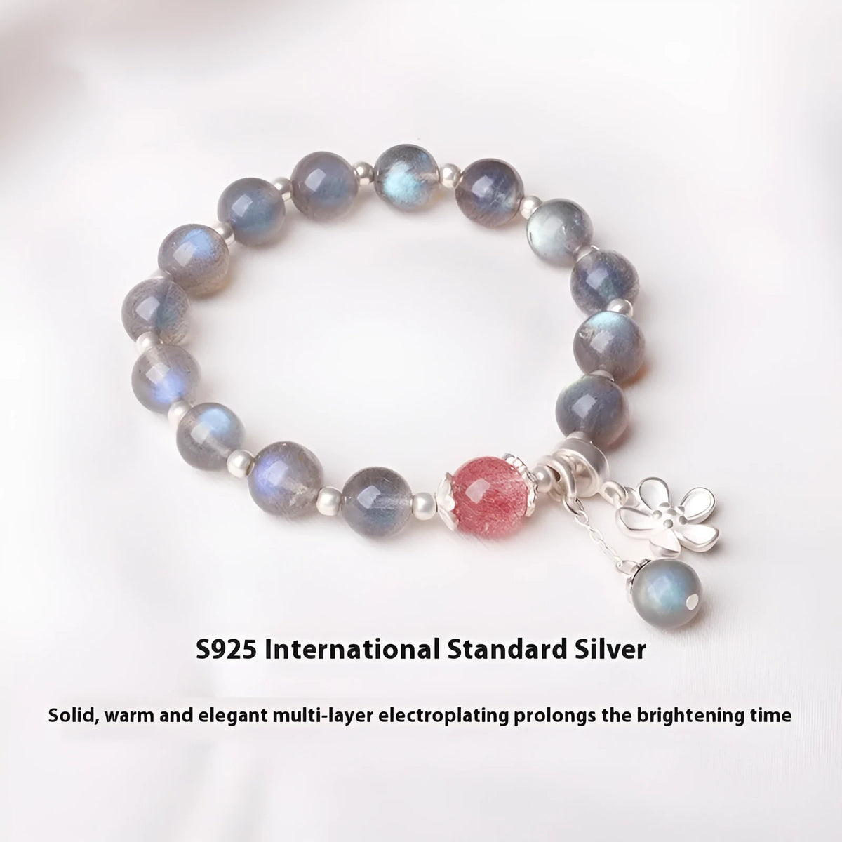 Women's crystal bracelet with grey moonlight 7.5mm beads and animal zodiac charms