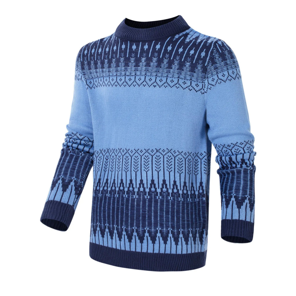 Men's grey knitted sweater with long sleeves, crew neck, and ribbed hem cuffs laid flat