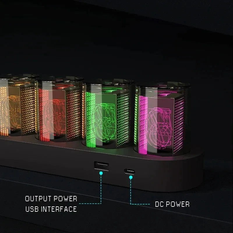 RGB LED digital tube clock showing time display with colourful lighting on a desk.