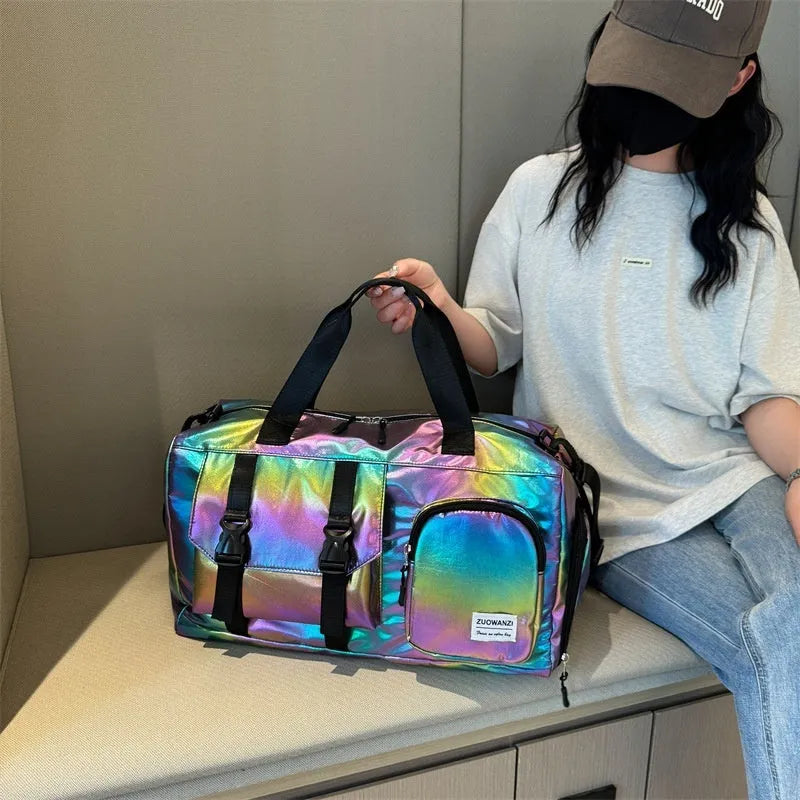 Pearlescent yoga fitness bag with rainbow pattern, dry-wet separation, 20-35L capacity and polyester lining