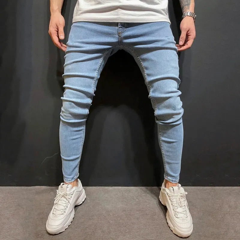 Men's blue polyester denim trousers with mid-waist cut and button placket, sizes S to 3XL