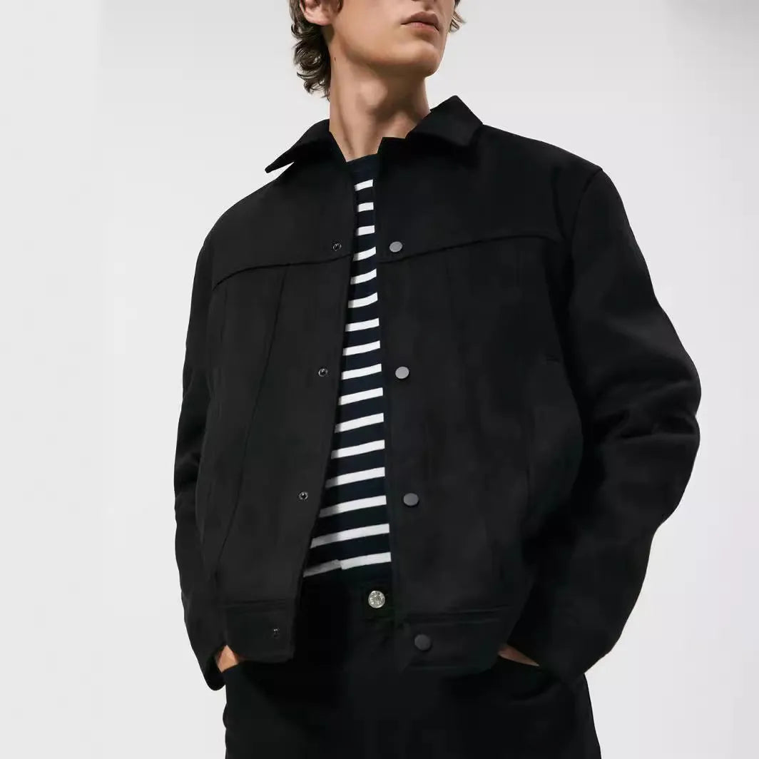 Black men's hooded jacket with a suede collar and side-seam pockets.