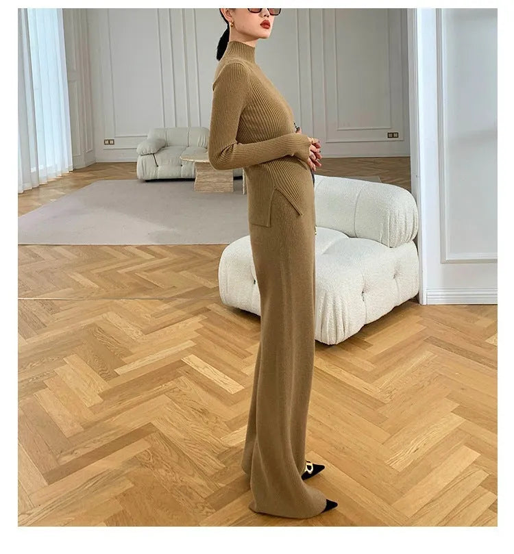 Women's knitted three-piece set showing cardigan, top, and wide-leg pants with leather stitching details in apricot colour