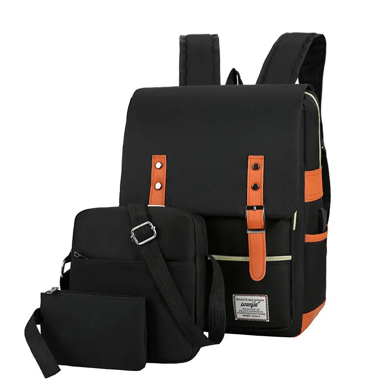 Three-piece business backpack set in Oxford cloth with curved shoulder straps, shown in wine red colour