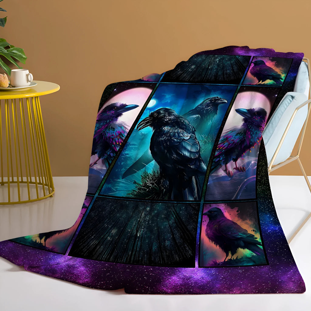 Multicoloured Raven print flannel blanket in 75x100cm, 130x150cm, and 150x200cm sizes with hemmed edges